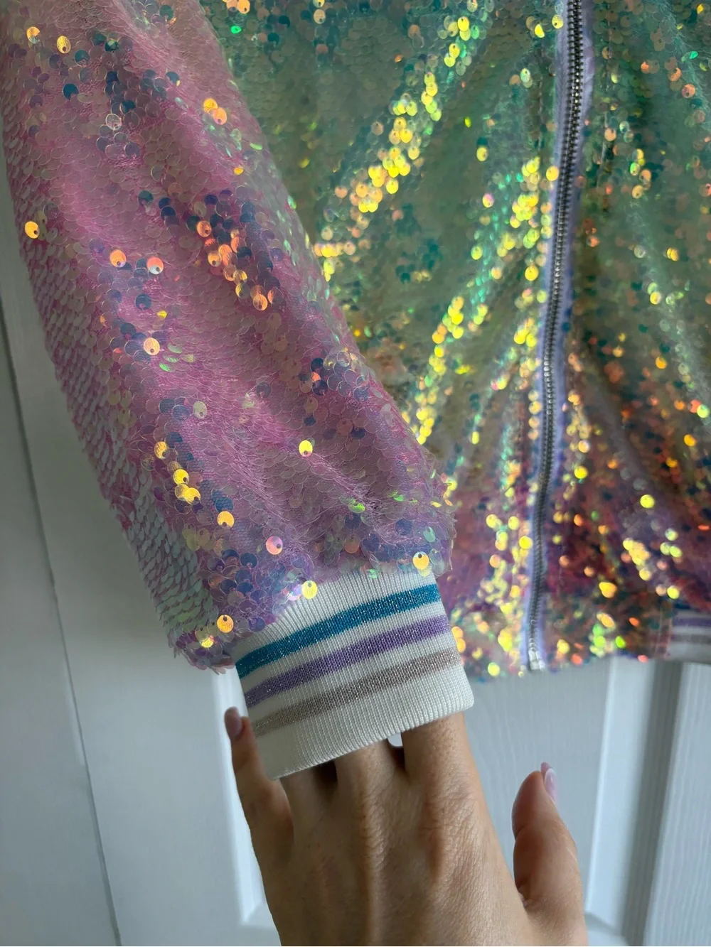 Lola+The Boys Icy Ombre Sequin Rainbow Bomber Jacket Unicorn Party Star Warm 10